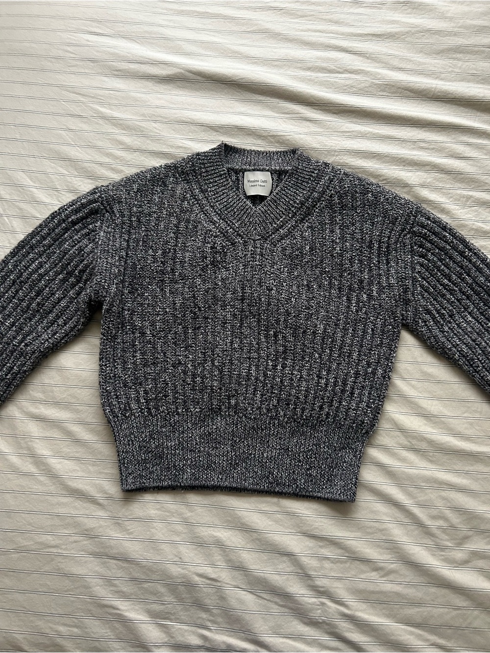 Massimo Dutti Limited Edition Charcoal Marled V-Neck Ribbed Sweater